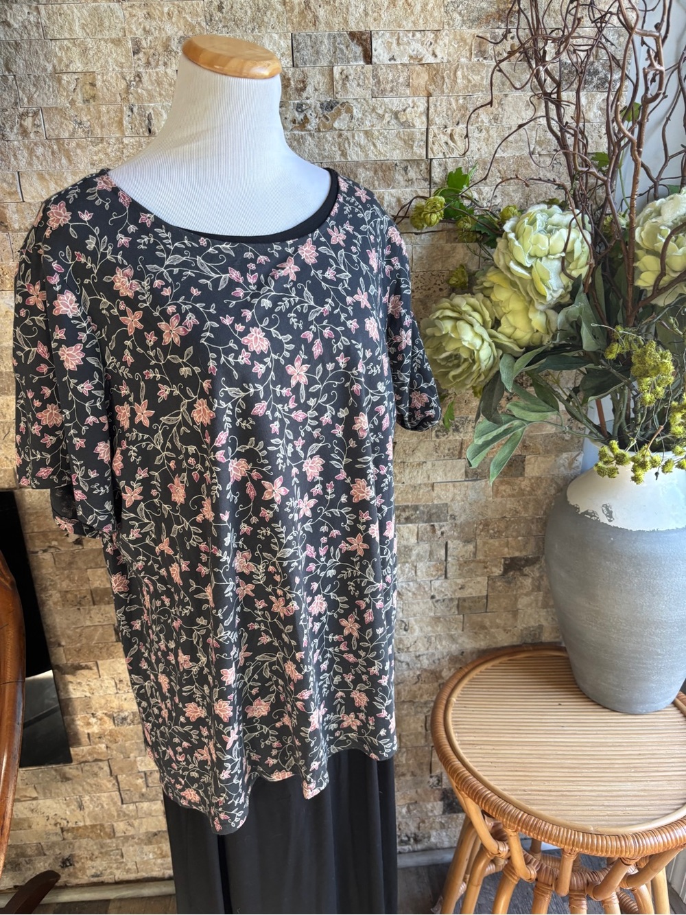 Black Floral Short-Sleeve Tee with Pink Blooms